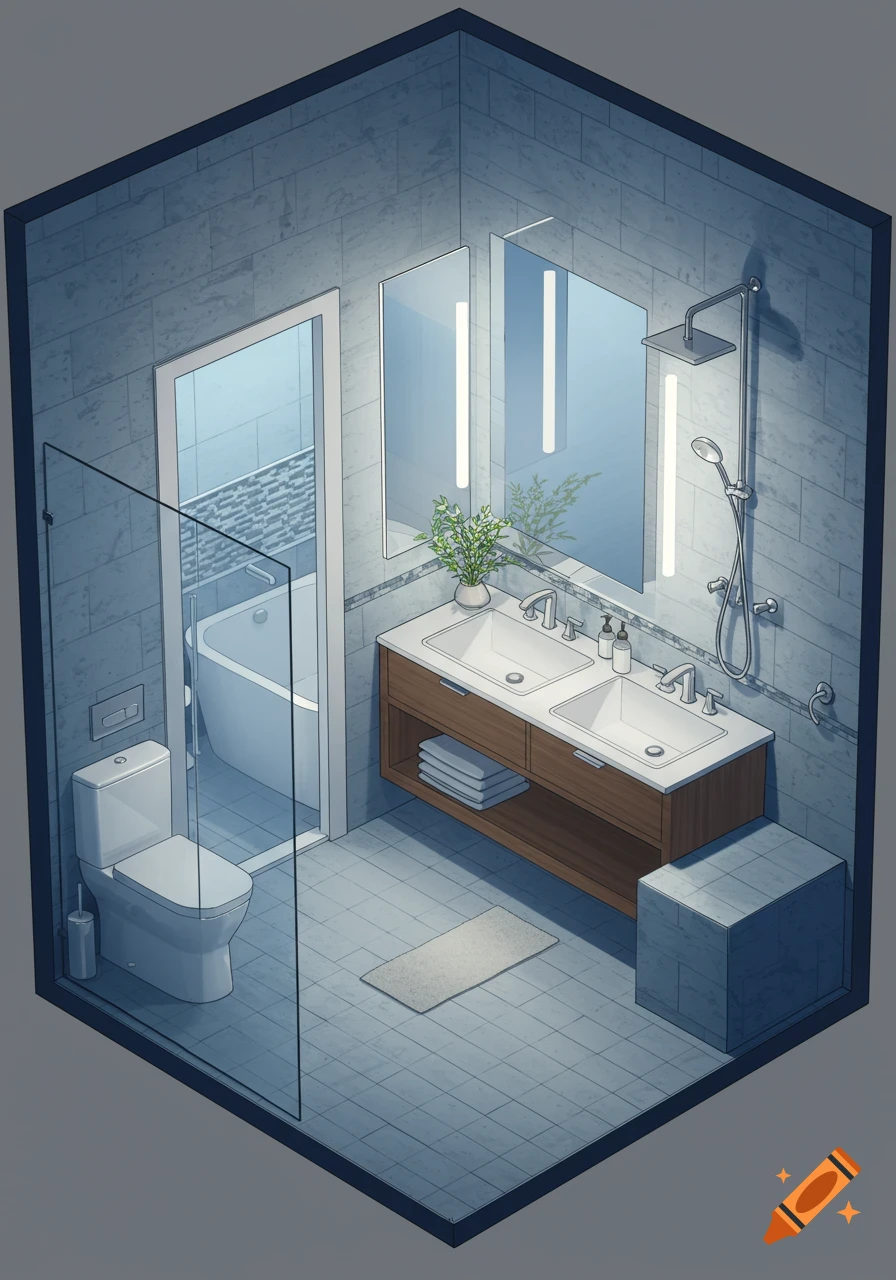 Isometric illustration of a modern bathroom with a toilet, double vanity, and a wet zone containing a freestanding tub and shower.