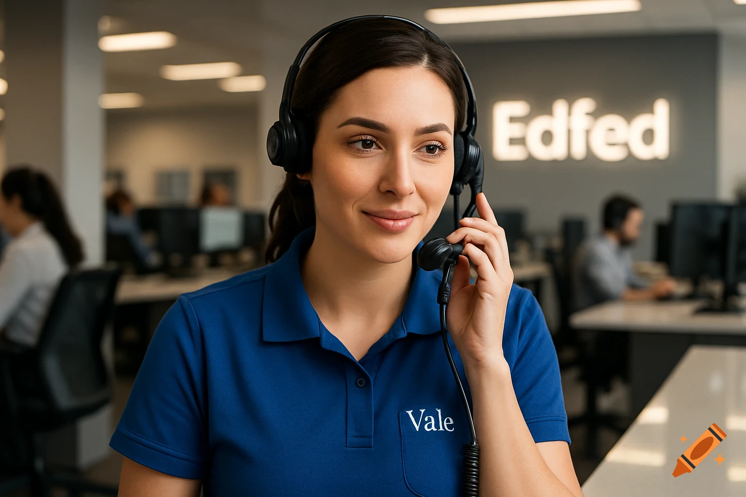 Photorealistic image of a smiling woman in a blue polo shirt and headset, working in a call center office with 'Edfed' on the wall.