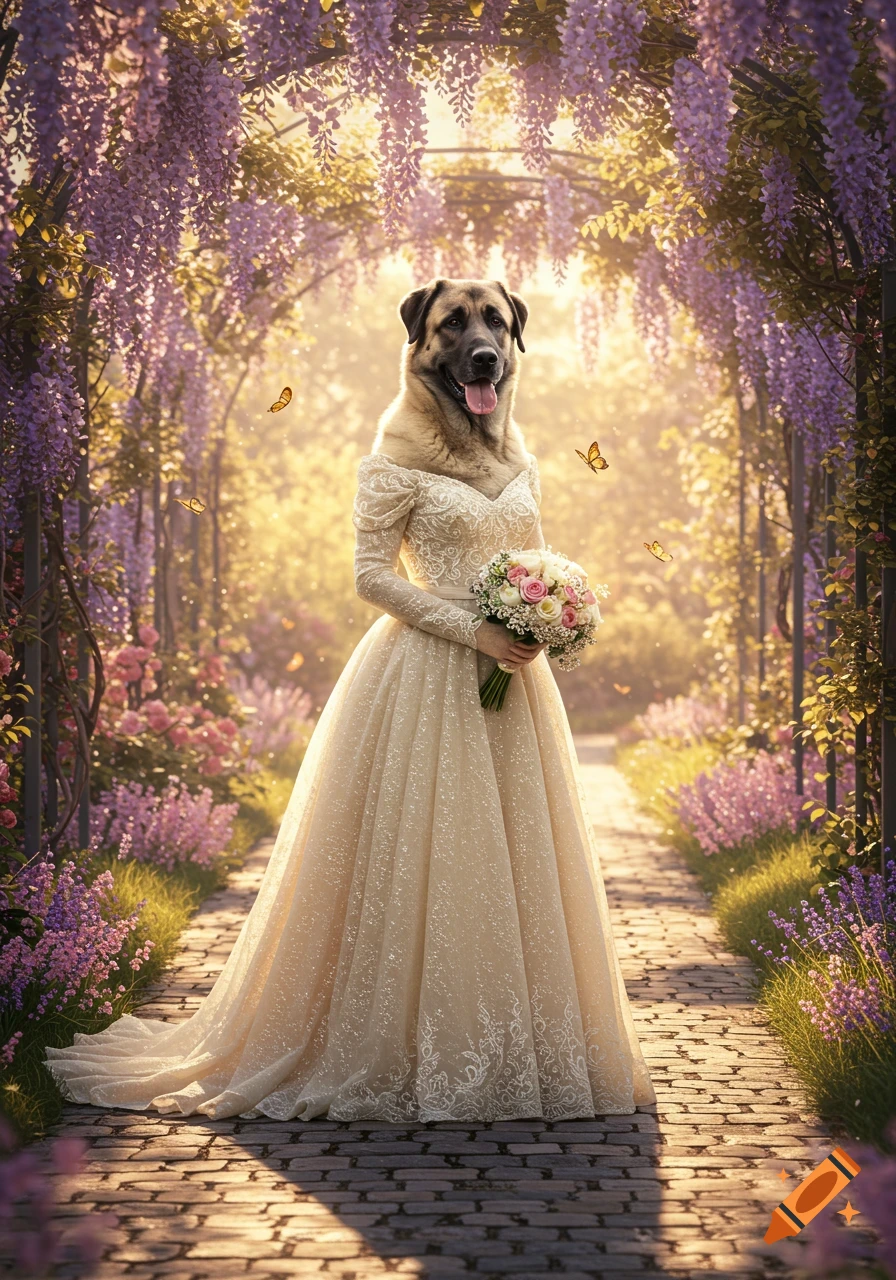 A Kangal Shepherd dog in a white wedding gown, holding a bouquet, stands in a wisteria archway with butterflies, in a photorealistic style.