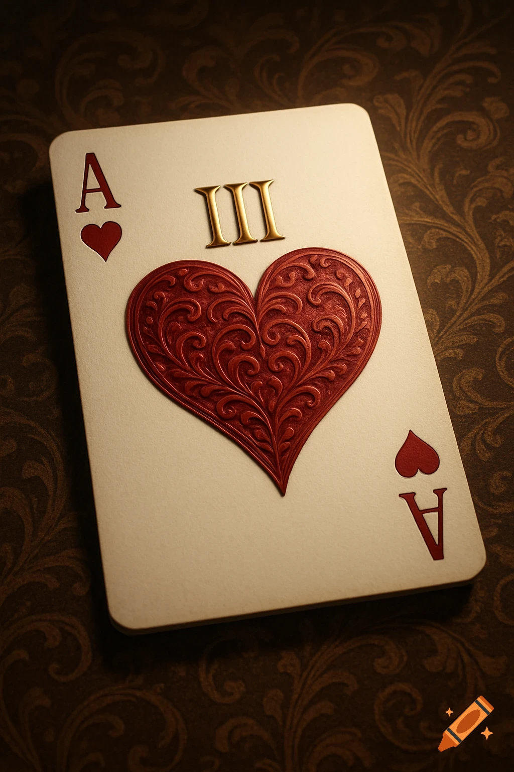 A detailed close-up of an elegant Ace of Hearts playing card with a golden Roman numeral III at the top.