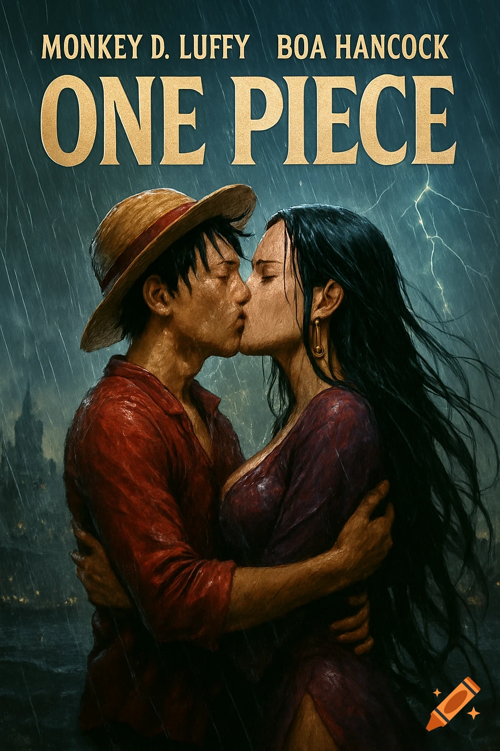 Monkey D. Luffy and Boa Hancock kiss passionately in the rain, a dramatic movie poster style image. Text reads "MONKEY D. LUFFY", "BOA HANCOCK", "ONE PIECE".