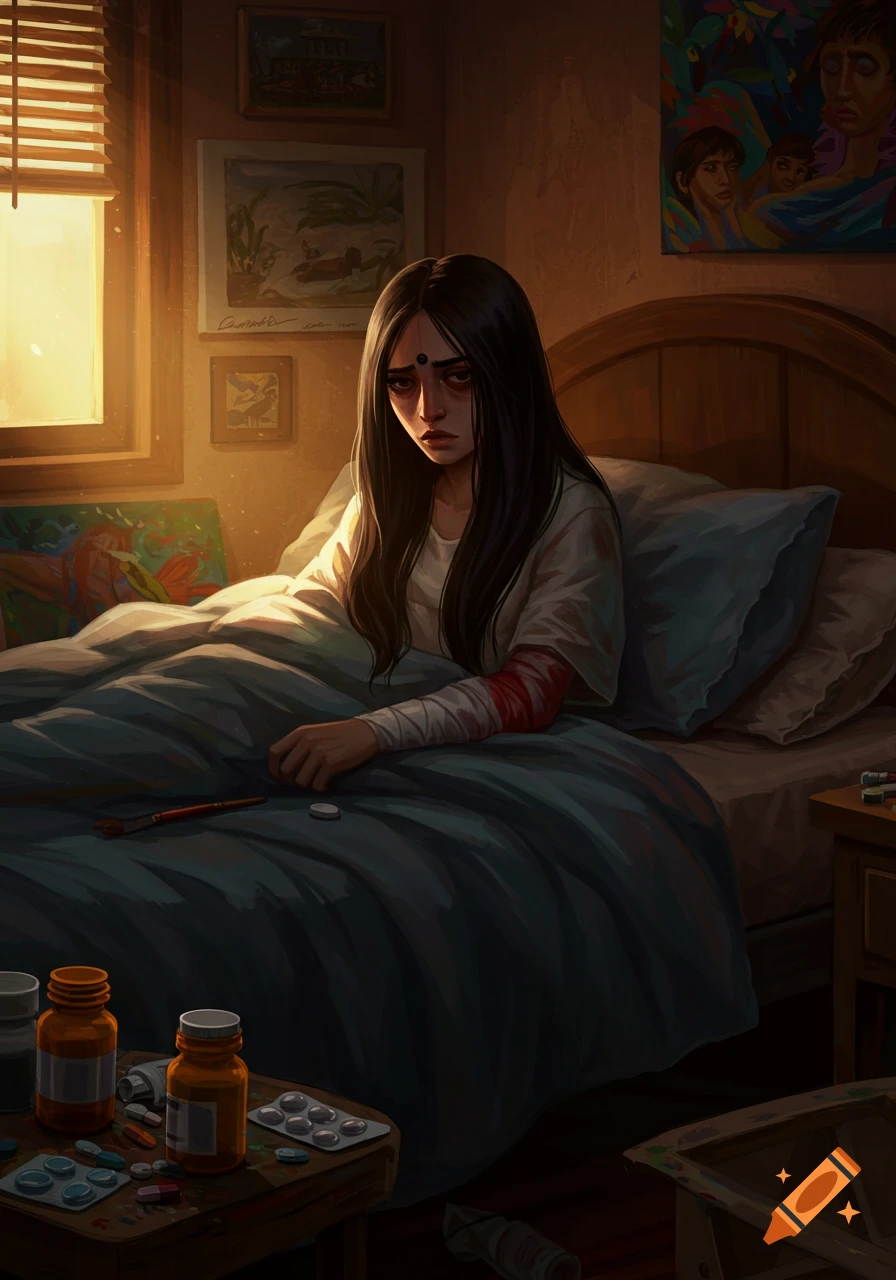 A somber illustration of a young girl with long dark hair and a unibrow, sitting in bed, looking distressed with bandaged arms and numerous medicine bottles on a bedside table.