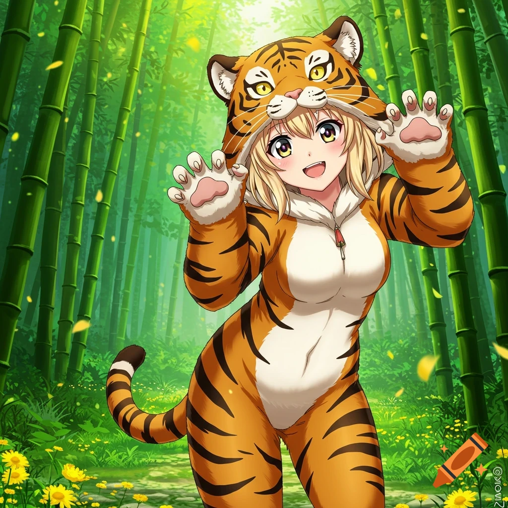 Anime girl in a tiger costume, smiling with paws raised, stands in a sunny bamboo forest.