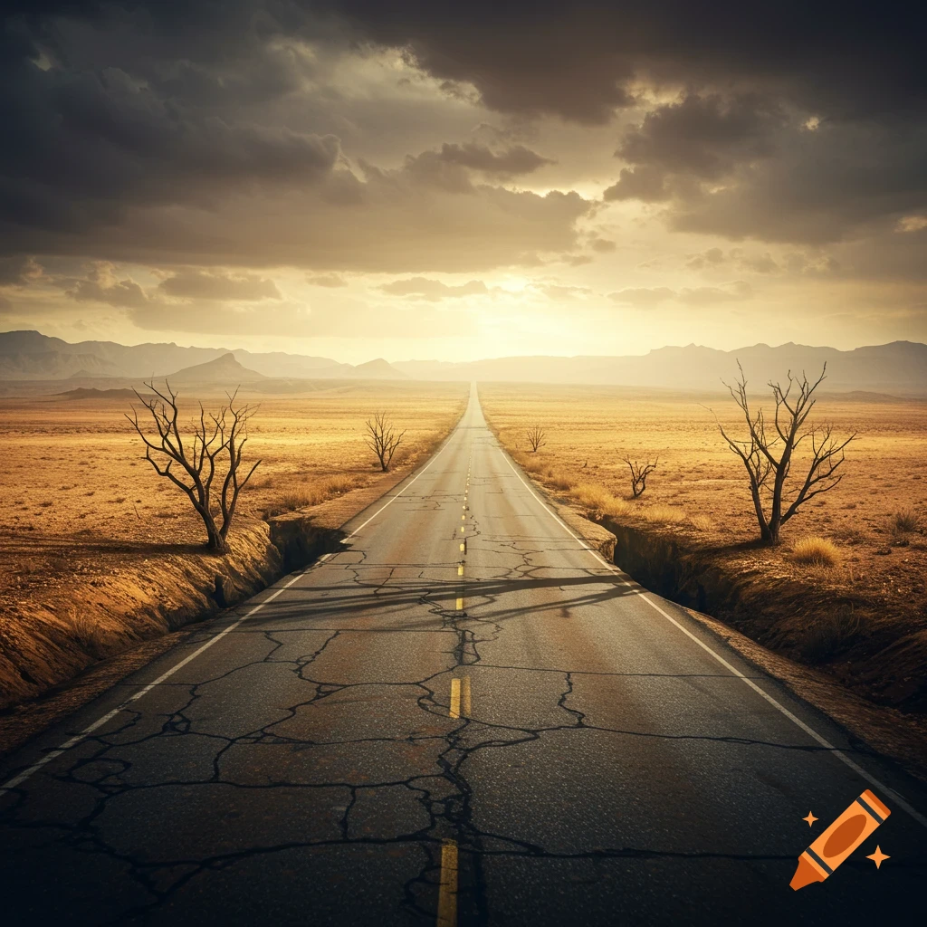 A long, cracked desert road with deep ditches on its sides, leading into a golden sunset under a stormy sky.