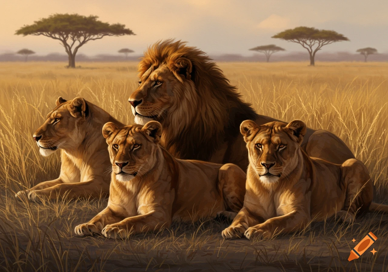 A male lion and three lionesses rest in a golden savanna with acacia trees at sunset, realistic style.