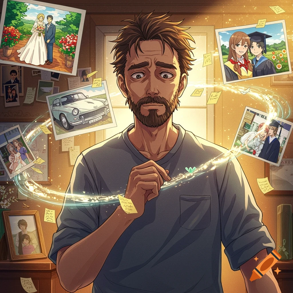 Worried anime man surrounded by floating memory photos of his daughter's wedding, first car, and graduation.