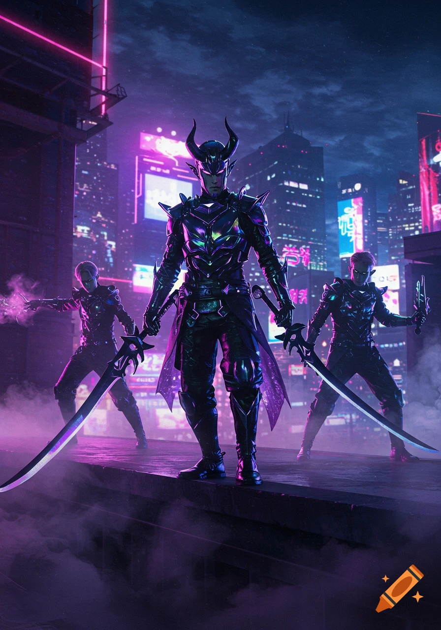 Three armored figures with glowing eyes and swords stand on a rooftop in a neon-lit cyberpunk city at night.