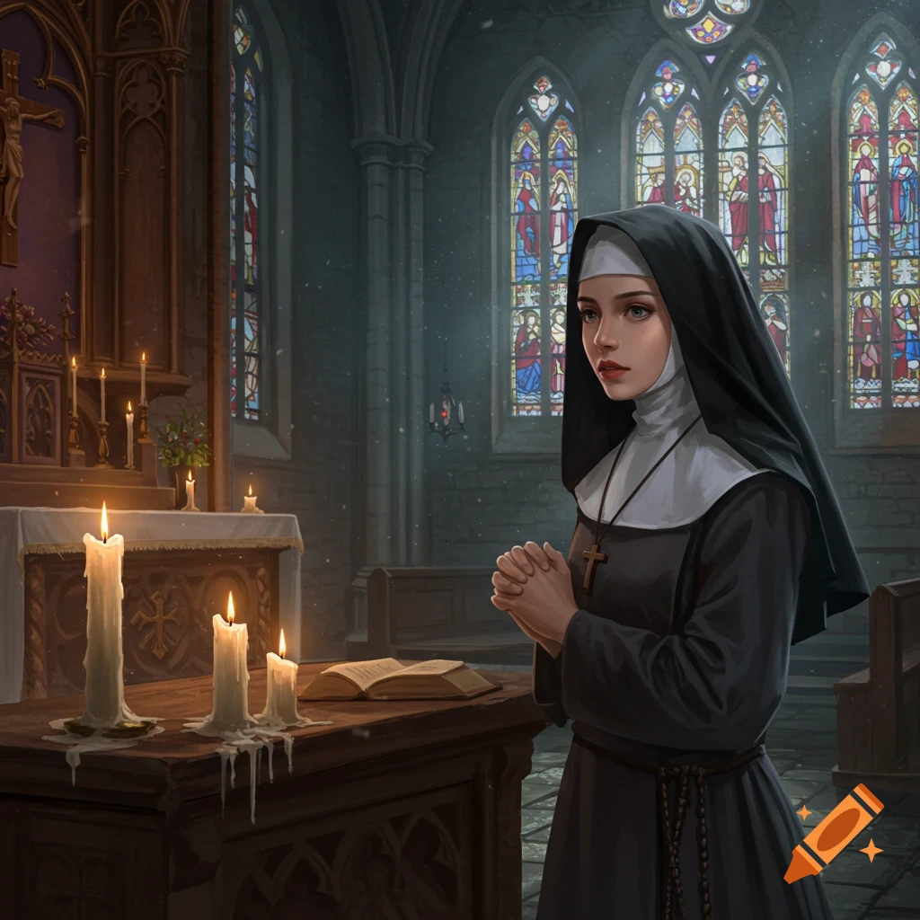A young nun in a black habit prays with clasped hands in a dimly lit gothic church with stained glass windows, digital art.