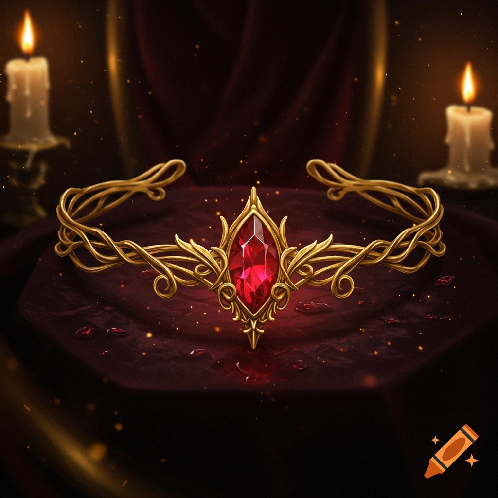 An intricate golden circlet with a large marquise-cut ruby at its center, resting on dark red velvet with lit candles in the background.
