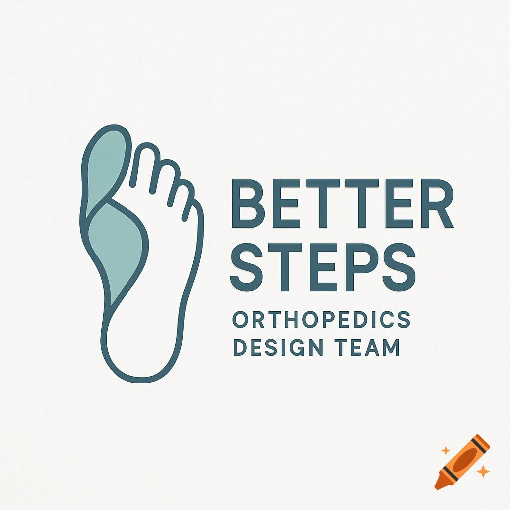 A clean logo featuring an outlined foot symbol with a shaded arch, next to the text "BETTER STEPS ORTHOPEDICS DESIGN TEAM".
