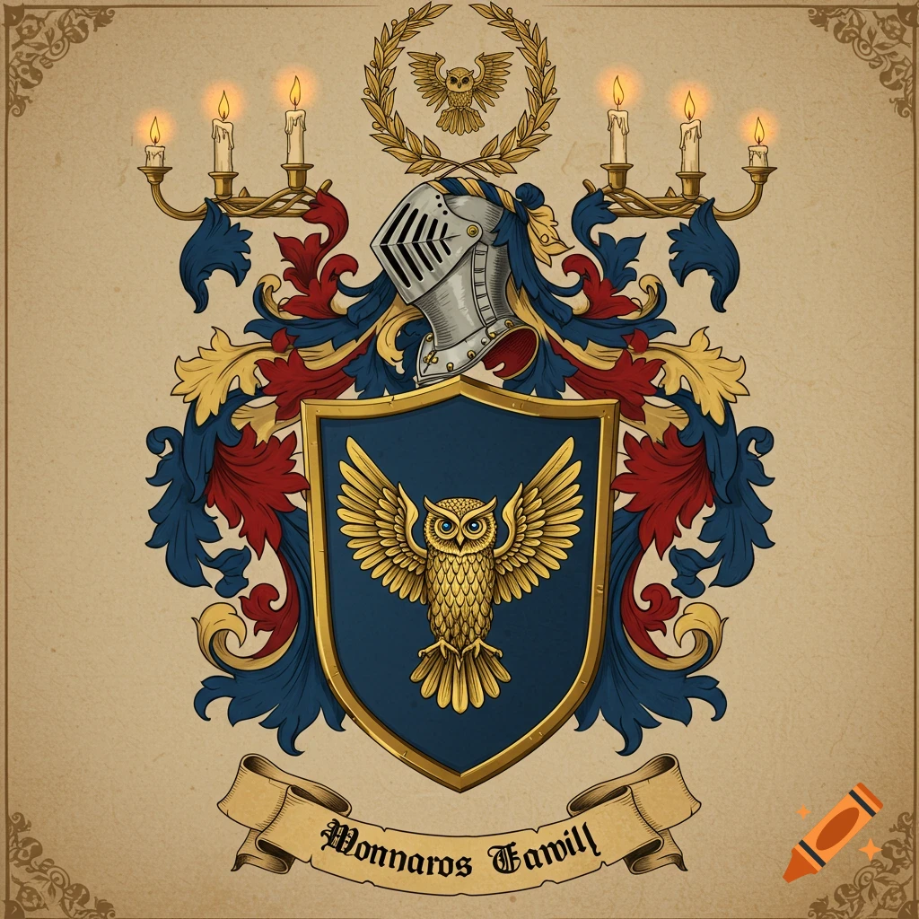 Ornate family crest featuring a golden owl on a blue shield, a knight's helmet, candelabras, and red/blue flourishes.