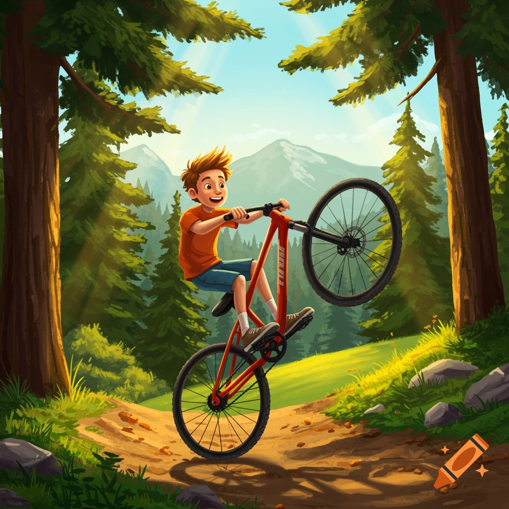 Cartoon illustration of a happy young boy doing a wheelie on a red mountain bike on a dirt path in a sunny forest.