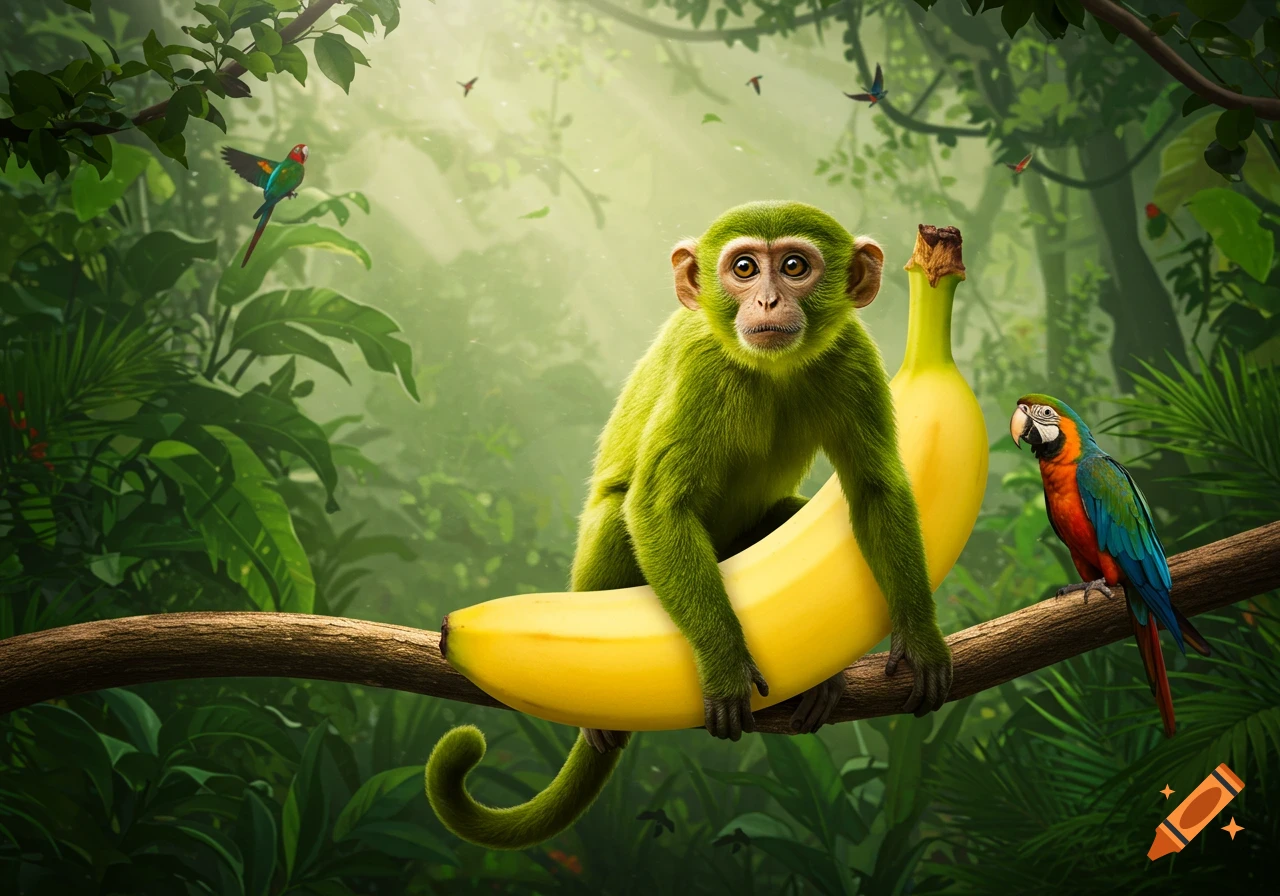 A vibrant green monkey sits on a tree branch, its lower body formed by a large yellow banana, in a lush jungle with parrots.