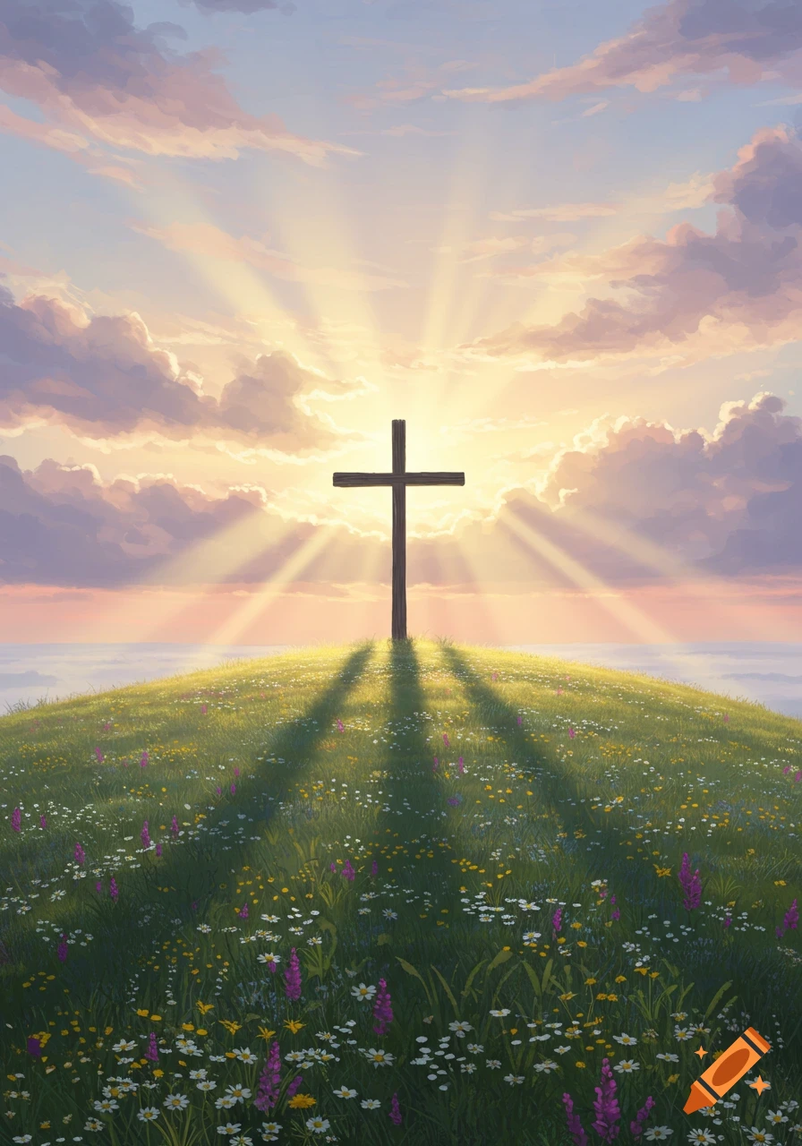 A wooden cross stands on a green, wildflower-covered hill at sunrise, with bright rays of light shining through clouds.