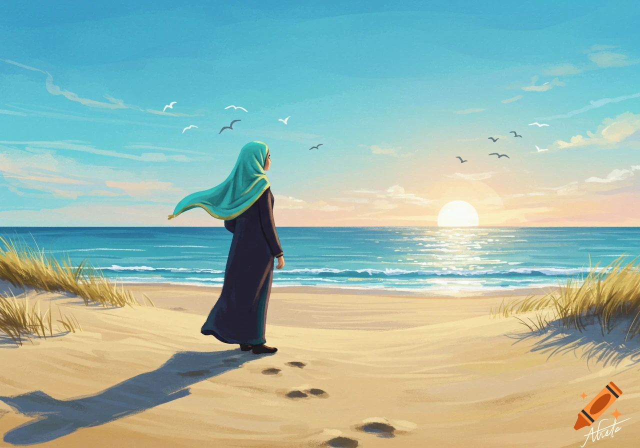 An illustration of a Muslim woman in a blue abaya and teal hijab standing on a sandy beach, looking at the ocean during sunrise or sunset.