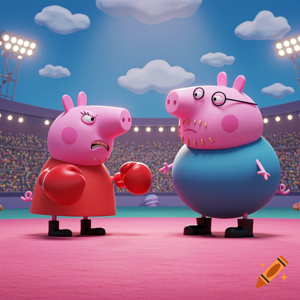 A 3D animated Peppa Pig with boxing gloves angrily faces a confused Daddy Pig with a beard in a pink boxing ring inside a stadium.
