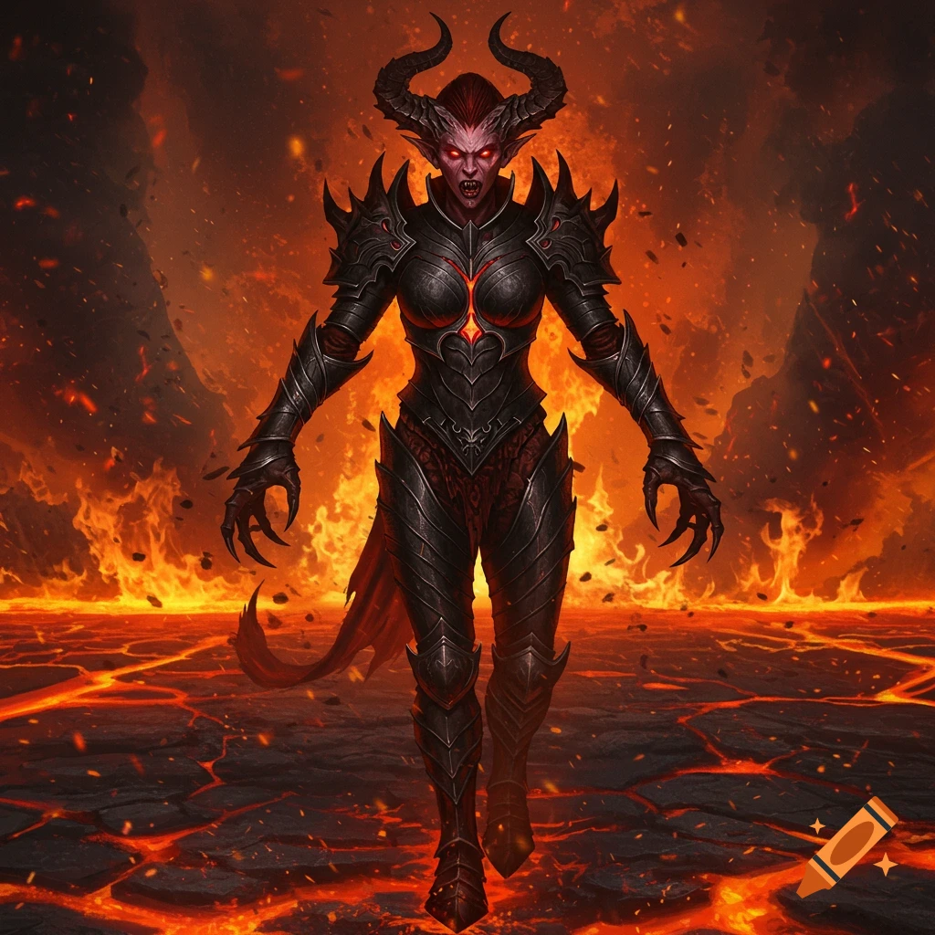 A monstrous, horned demoness in dark, spiky armor with red eyes and fangs walks on a cracked, fiery hellscape in a dark fantasy art style.