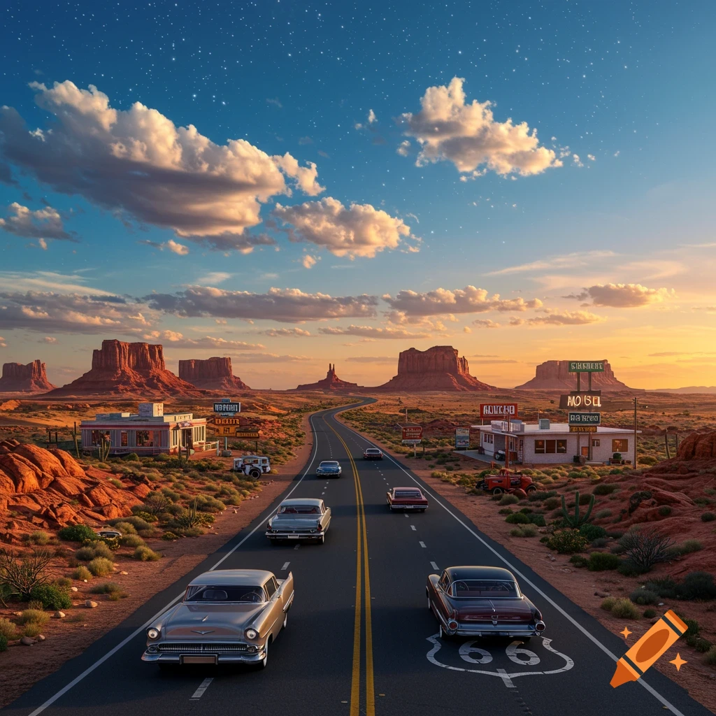 Photorealistic image of a desert highway with classic cars and diners, under a starry blue sky and sunset horizon, resembling Route 66.