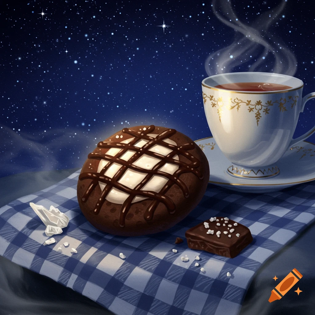 An illustrated chocolate-covered pastry, a cup of steaming tea, and a chocolate square on a checkered cloth under a starry night sky.