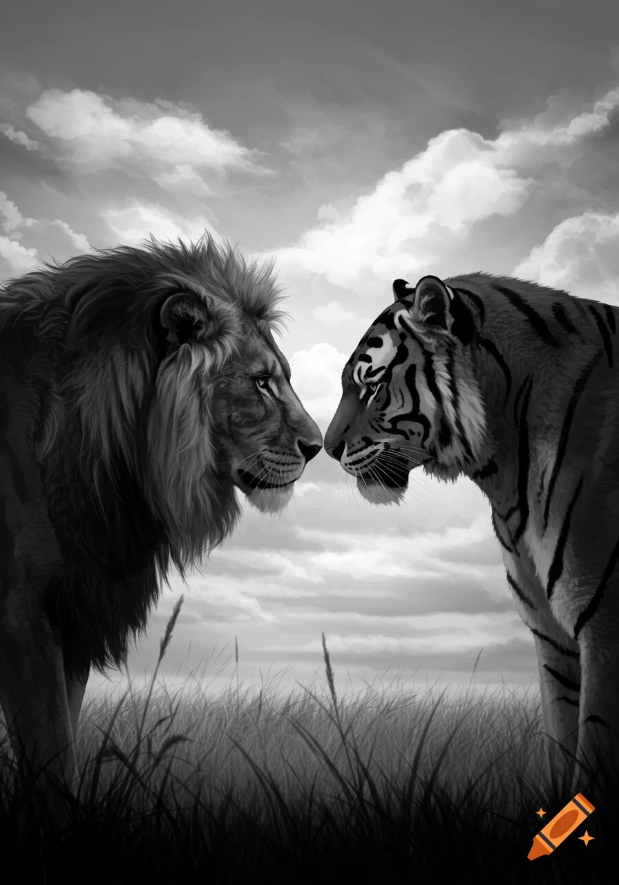 A detailed black and white illustration of a lion and a tiger face to face in tall grass under a cloudy sky.