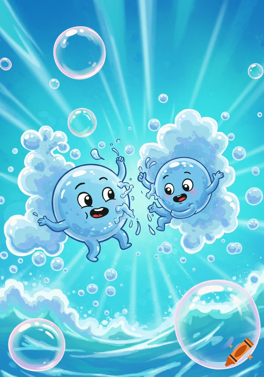 A vibrant cartoon illustration of two happy blue water droplet characters surrounded by soap bubbles and suds in a blue, watery environment.