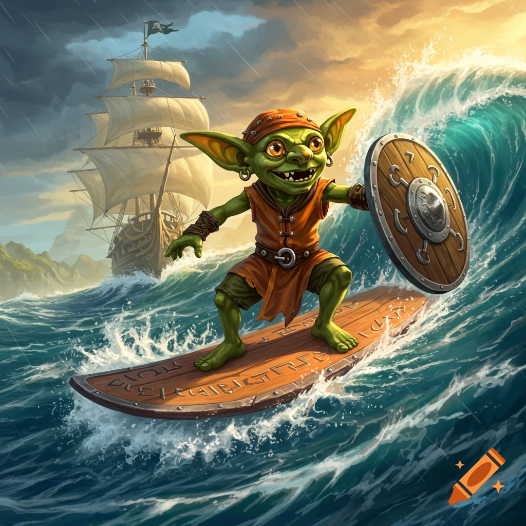 A grinning green goblin surfs on a wooden shield through stormy seas, a large sailing ship in the background. Digital fantasy art.
