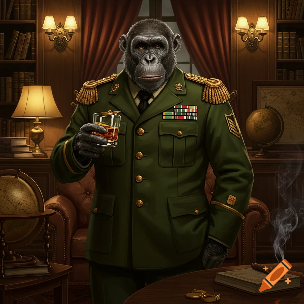 A chimpanzee in a military uniform holds a glass of whiskey in a dimly lit study with a burning cigar on a table.