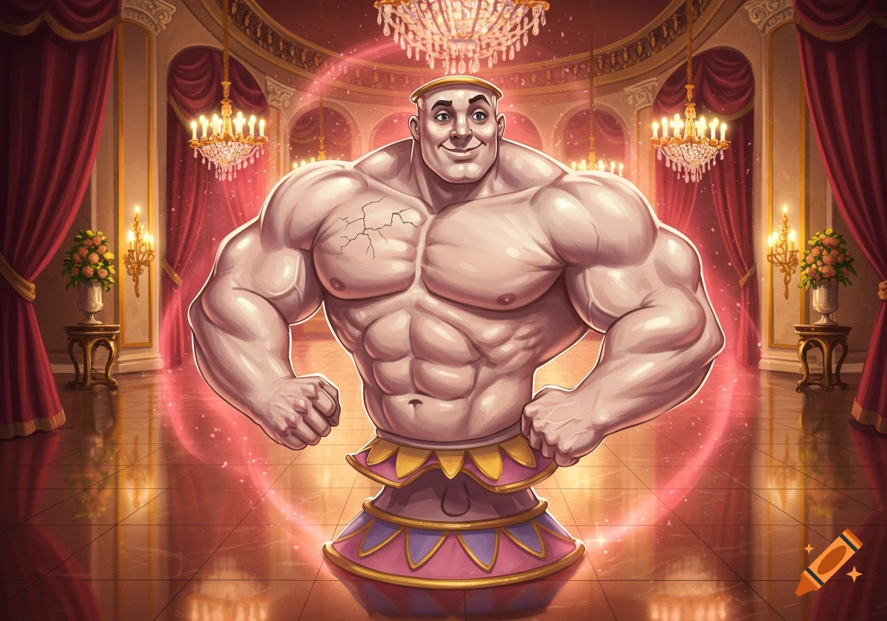 A cartoonishly muscular man with a teacup for a body poses in a grand ballroom.