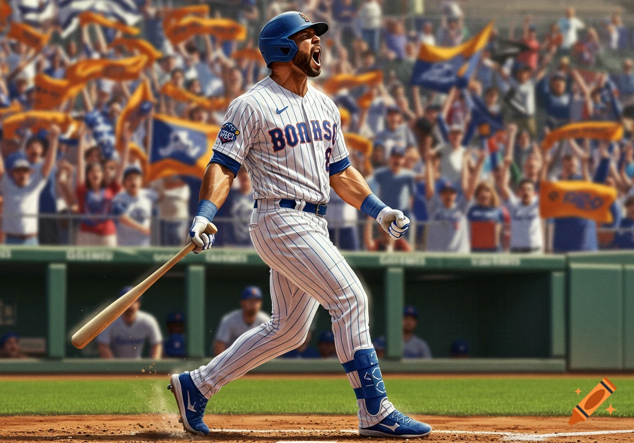 A photorealistic baseball player in a blue and white striped uniform, helmet, and cleats, shouts excitedly while running on a dirt field after hitting a ball. A blurred crowd cheers in the background.