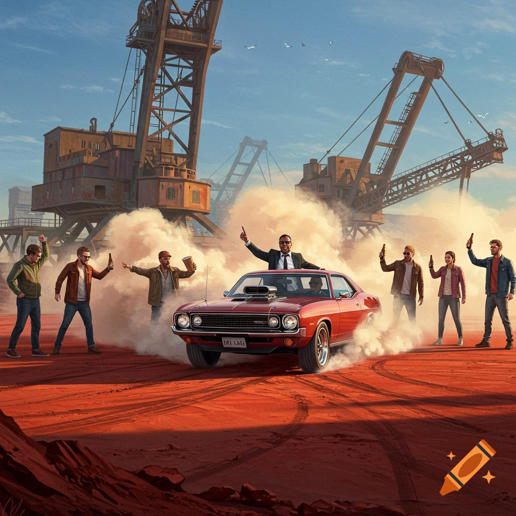 A man in a suit celebrates from a red muscle car doing a burnout on red dirt, surrounded by a group of people and large industrial cranes.