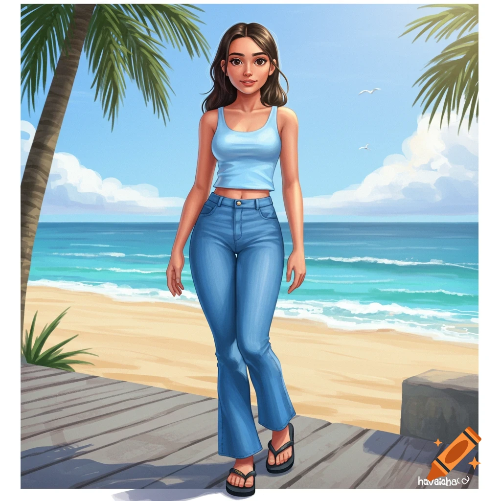 Stylized illustration of a young woman in a light blue tank top and blue jeans walking on a boardwalk at a sunny beach.