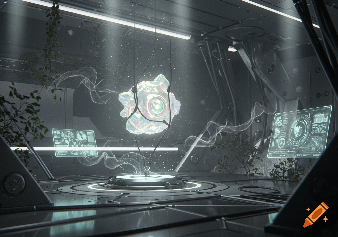 A glowing, iridescent geometric object floats in a futuristic, sterile laboratory with holographic screens and overgrown plants.