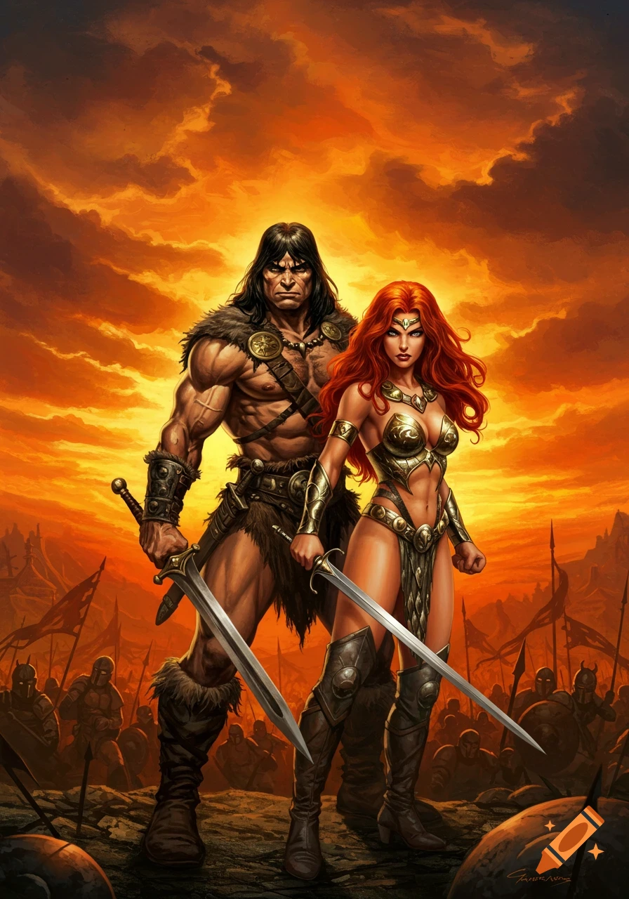 Conan the Barbarian and Red Sonja stand with swords against a fiery orange sky and battlefield, in comic book art style.