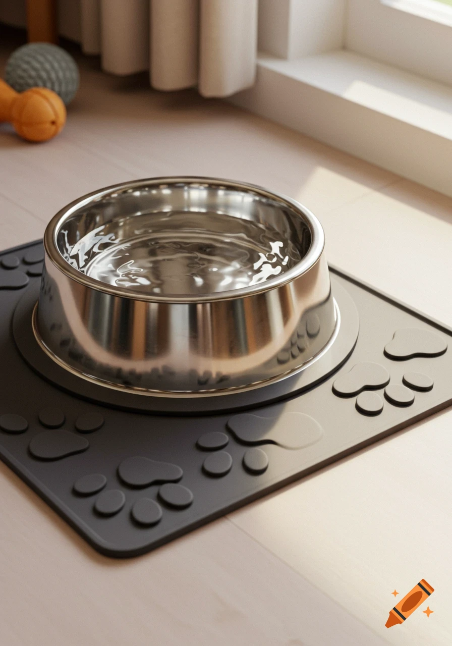 A stainless steel dog water bowl filled with water, on a black mat with paw print designs on a wooden floor.