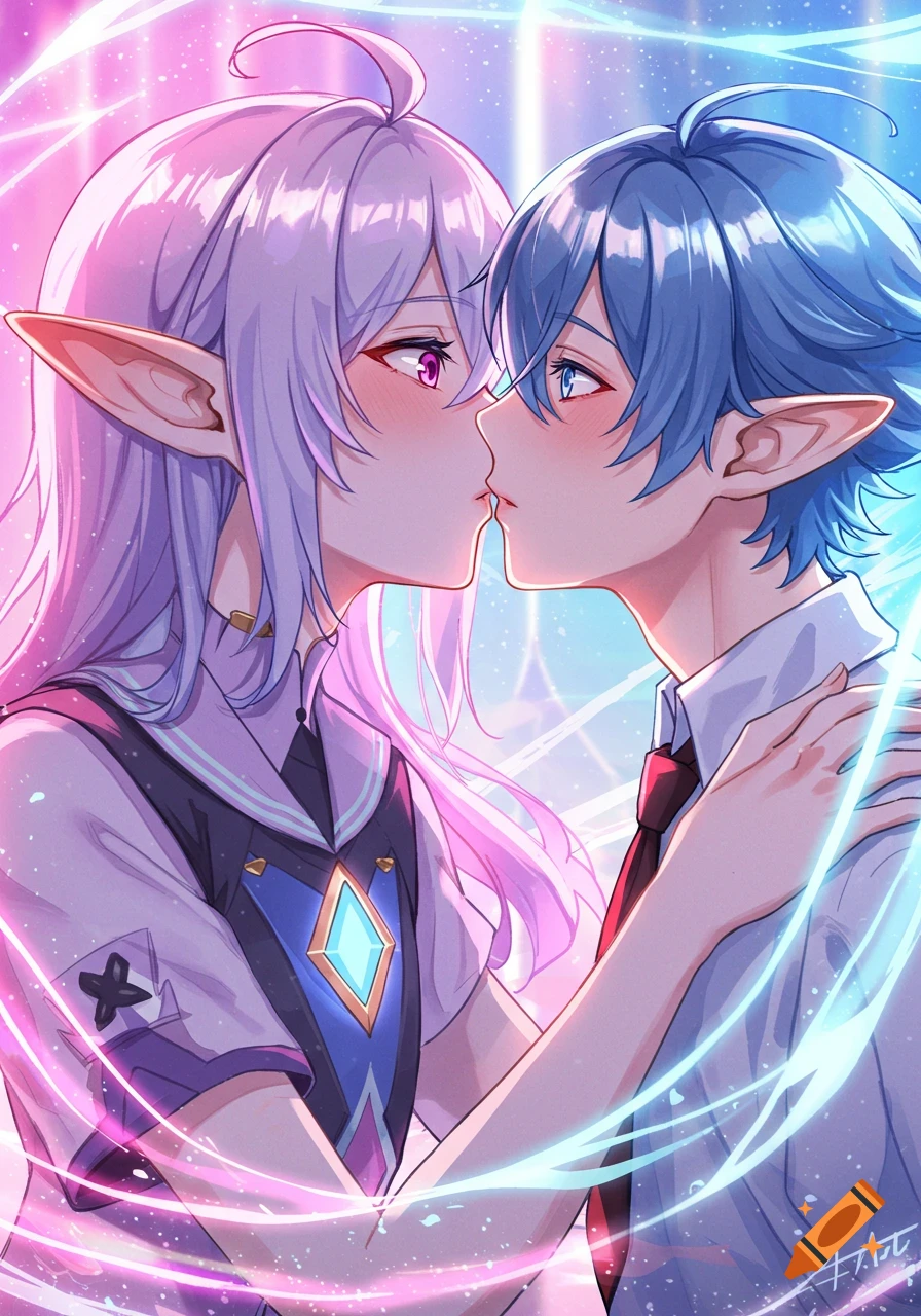 Anime-style elf characters with purple and blue hair about to kiss, wearing school uniforms amid glowing light.