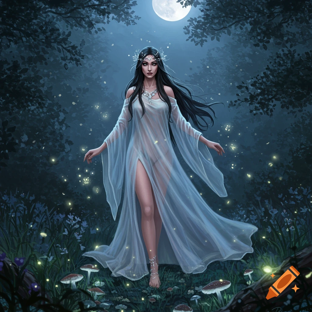 A beautiful woman with long dark hair wearing a sheer white dress stands in a moonlit, magical forest with glowing lights and mushrooms.