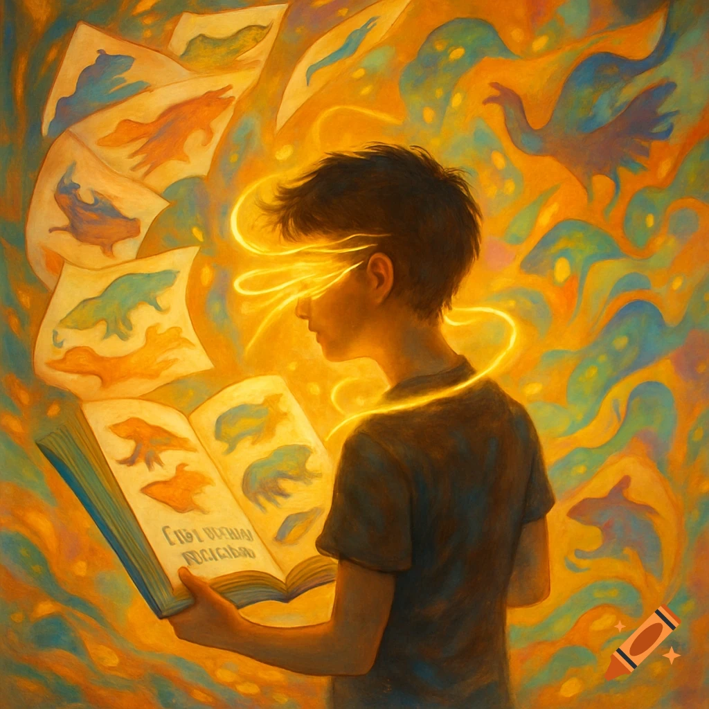 A boy reads a glowing book, surrounded by stylized animal illustrations and golden light in a warm, painterly style.