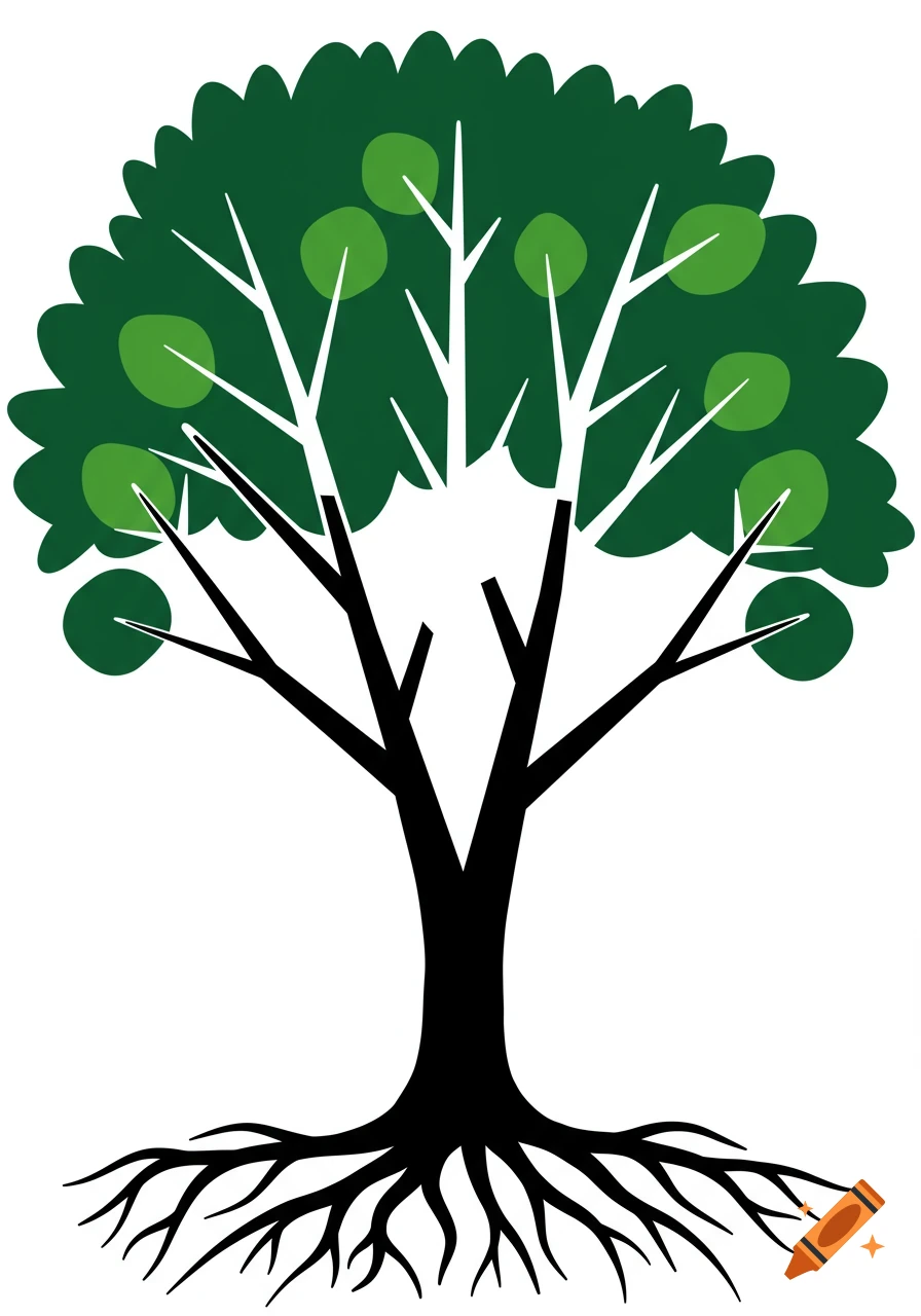 A stylized illustration of a tree with a black trunk and roots, white branches, and dark and light green foliage.