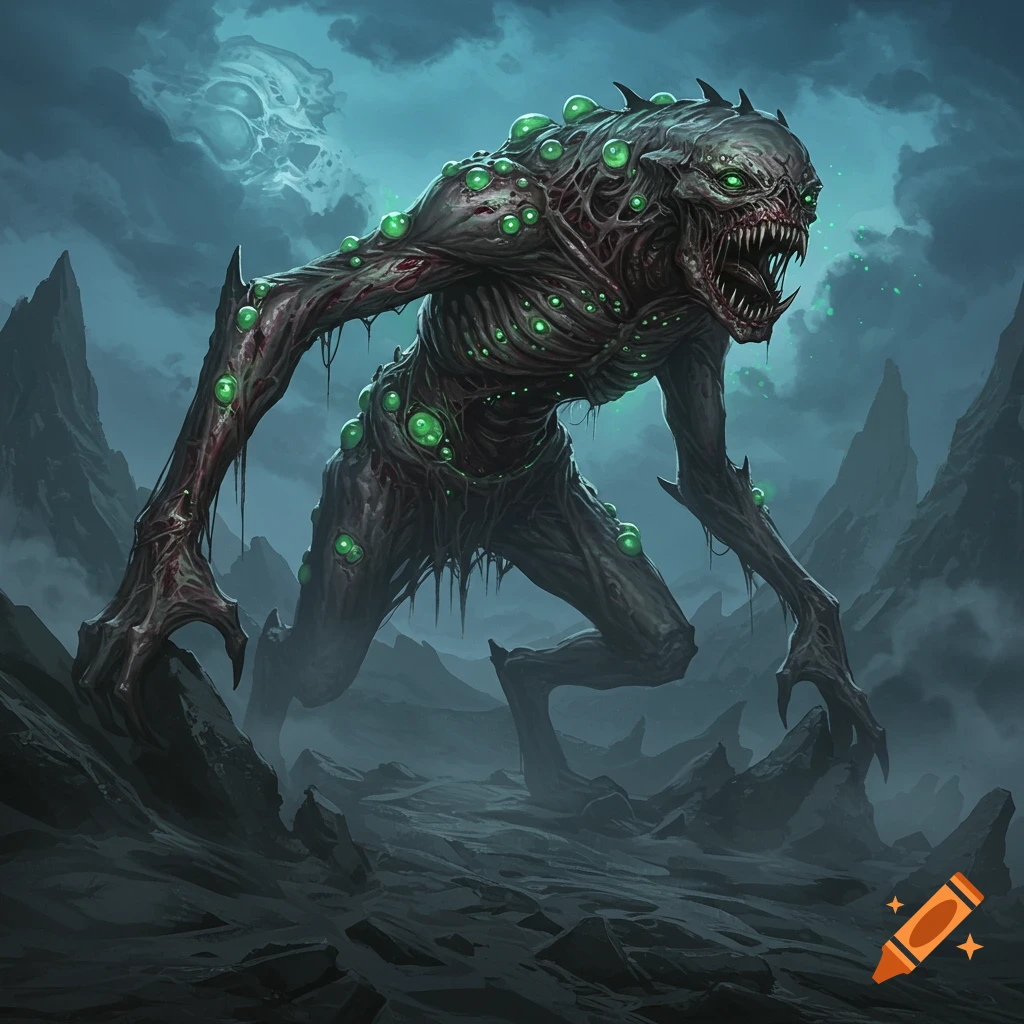 A grotesque, mutated monster with glowing green pustules and sharp fangs stands in a desolate, stormy landscape. Digital art.