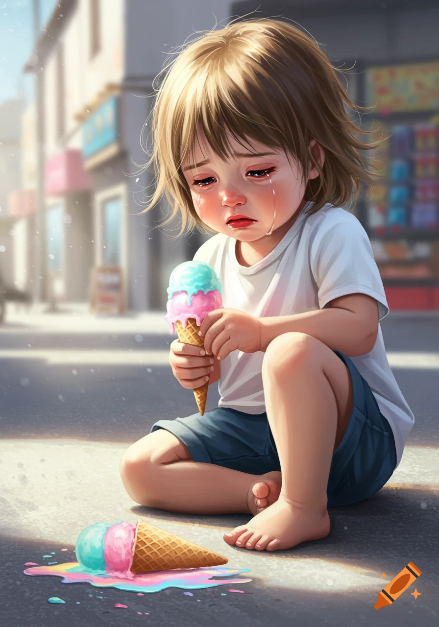 A sad young child sits on a sidewalk, crying while holding one ice cream cone and another lies melted on the ground in a detailed illustration.