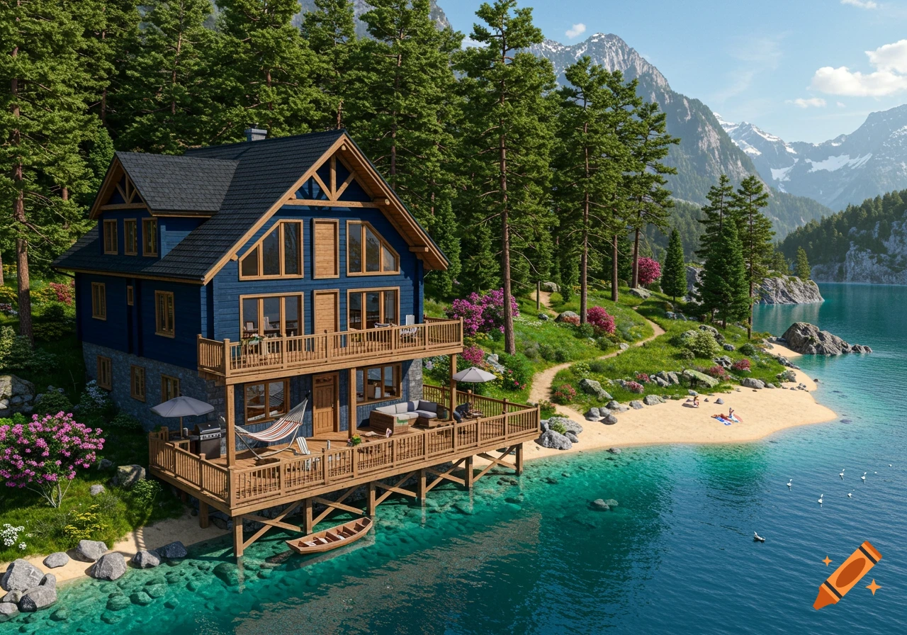 A photorealistic navy blue cabin with wooden decks stands over a clear blue lake, surrounded by a dense forest and snow-capped mountains.