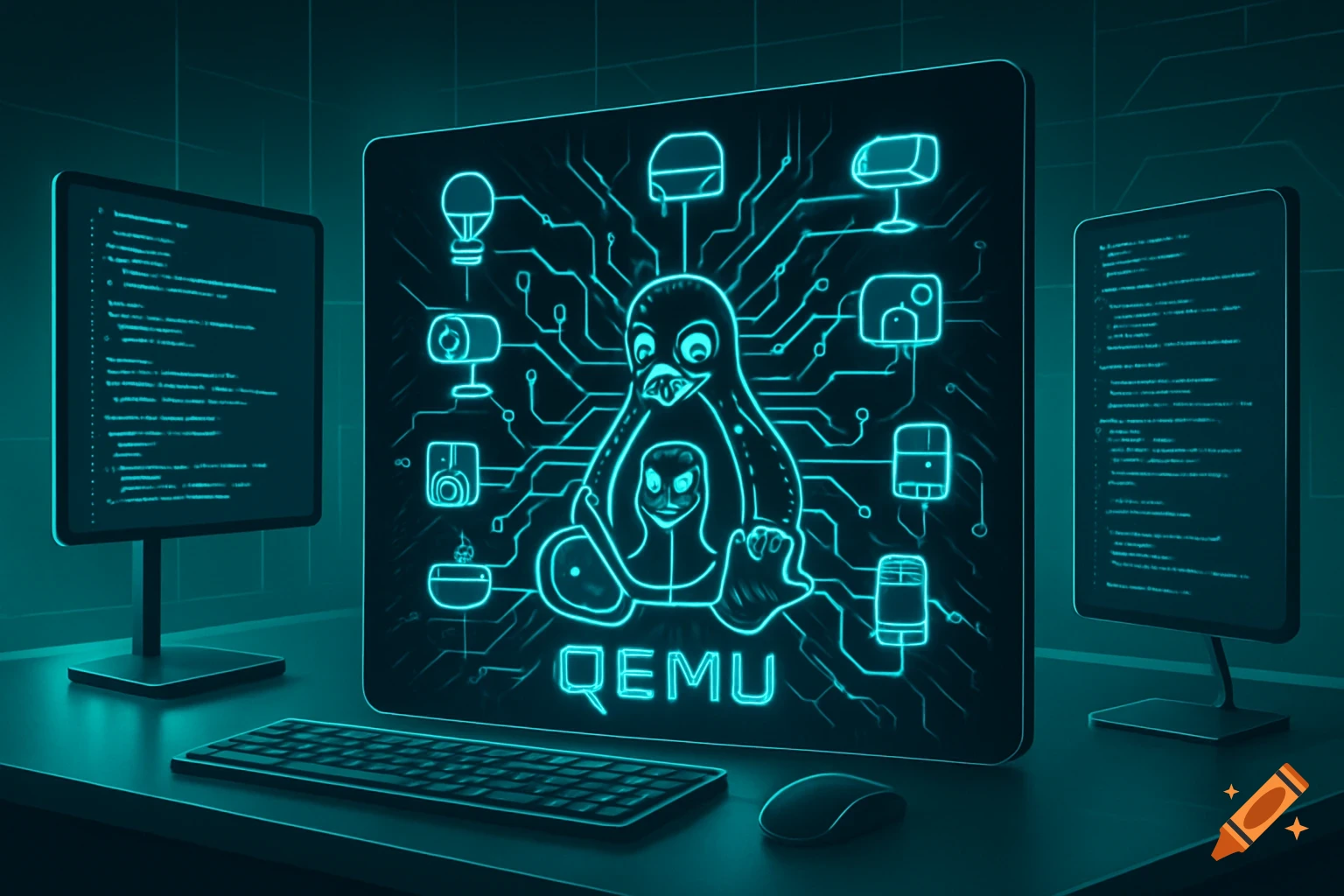 A neon blue desktop setup with three screens, the central one showing a circuit board design with a penguin and 'QEMU' text, and side screens displaying code.