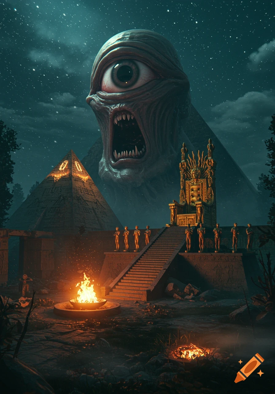 A colossal, angry, cyclops-like eyeball creature looms over an ancient, moonlit temple complex with pyramids, a golden throne, and blazing fire pits. Photorealistic surrealism.