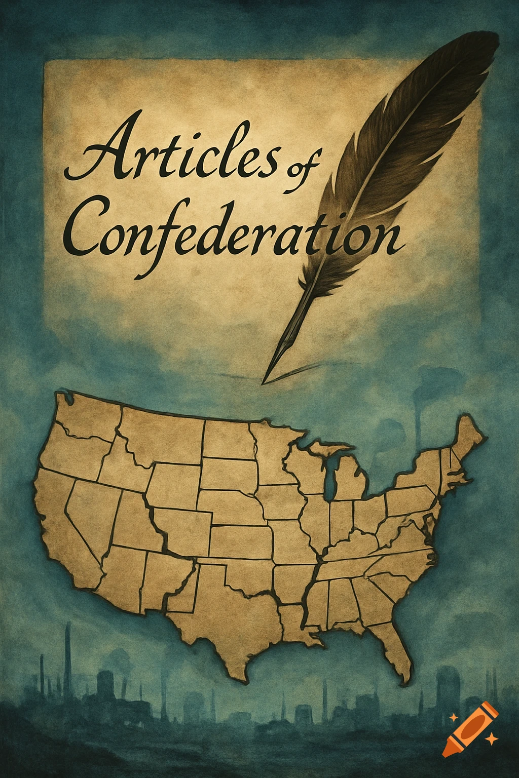 Vintage illustration of the Articles of Confederation text and quill over a map of the United States, with a smoky skyline.