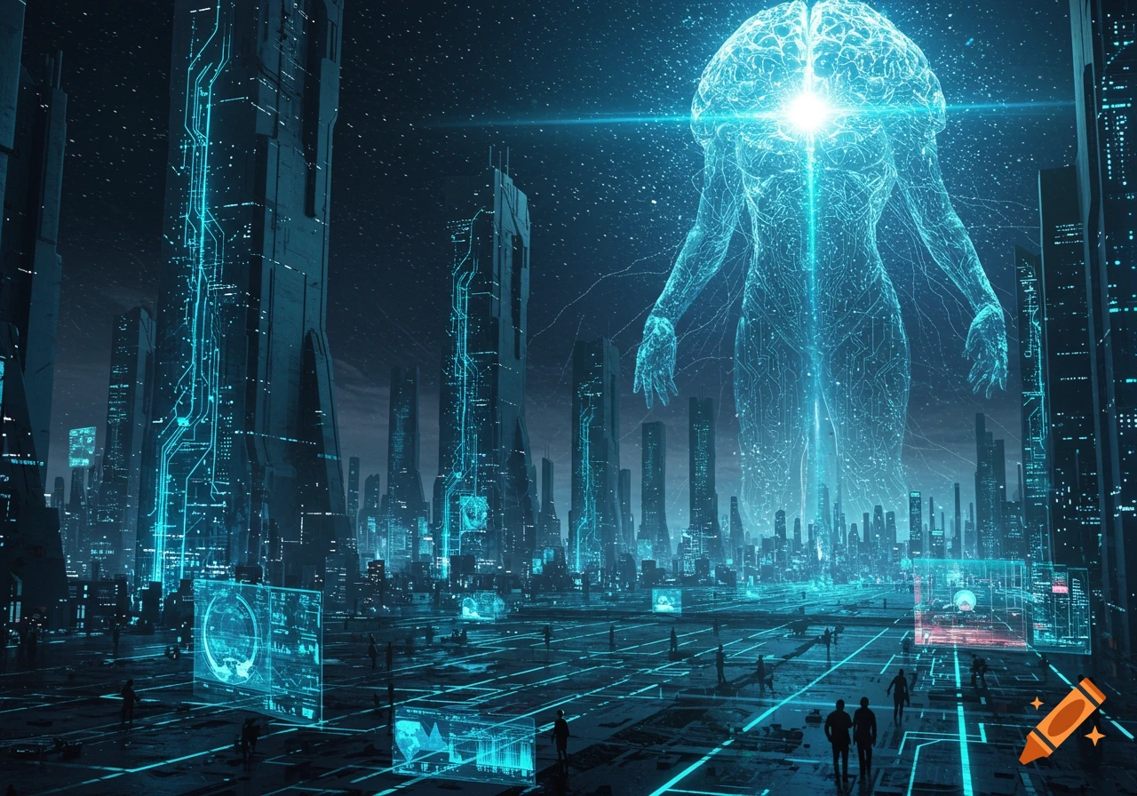 Giant glowing circuit figure with a brain over a futuristic cyberpunk city at night with holographic displays.