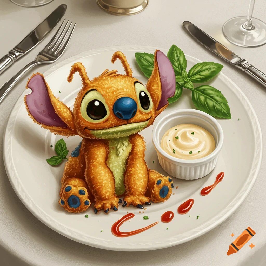 Deep-fried, egg-battered Stitch character served on a white plate with basil, garlic sauce, and ketchup drizzle.