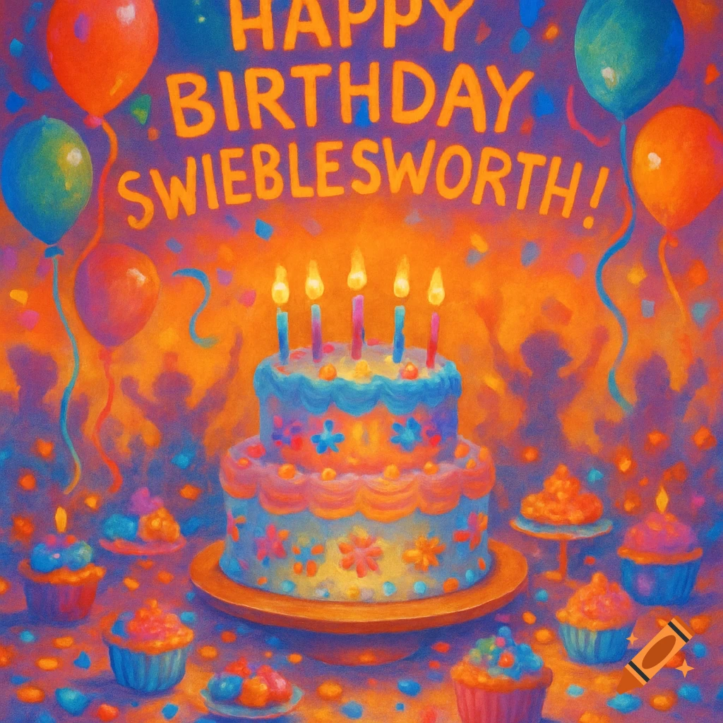 Vibrant, painterly image of a two-tier birthday cake with lit candles, cupcakes, balloons, and confetti. Text reads 'HAPPY BIRTHDAY SWIEBLESWORTH!'.