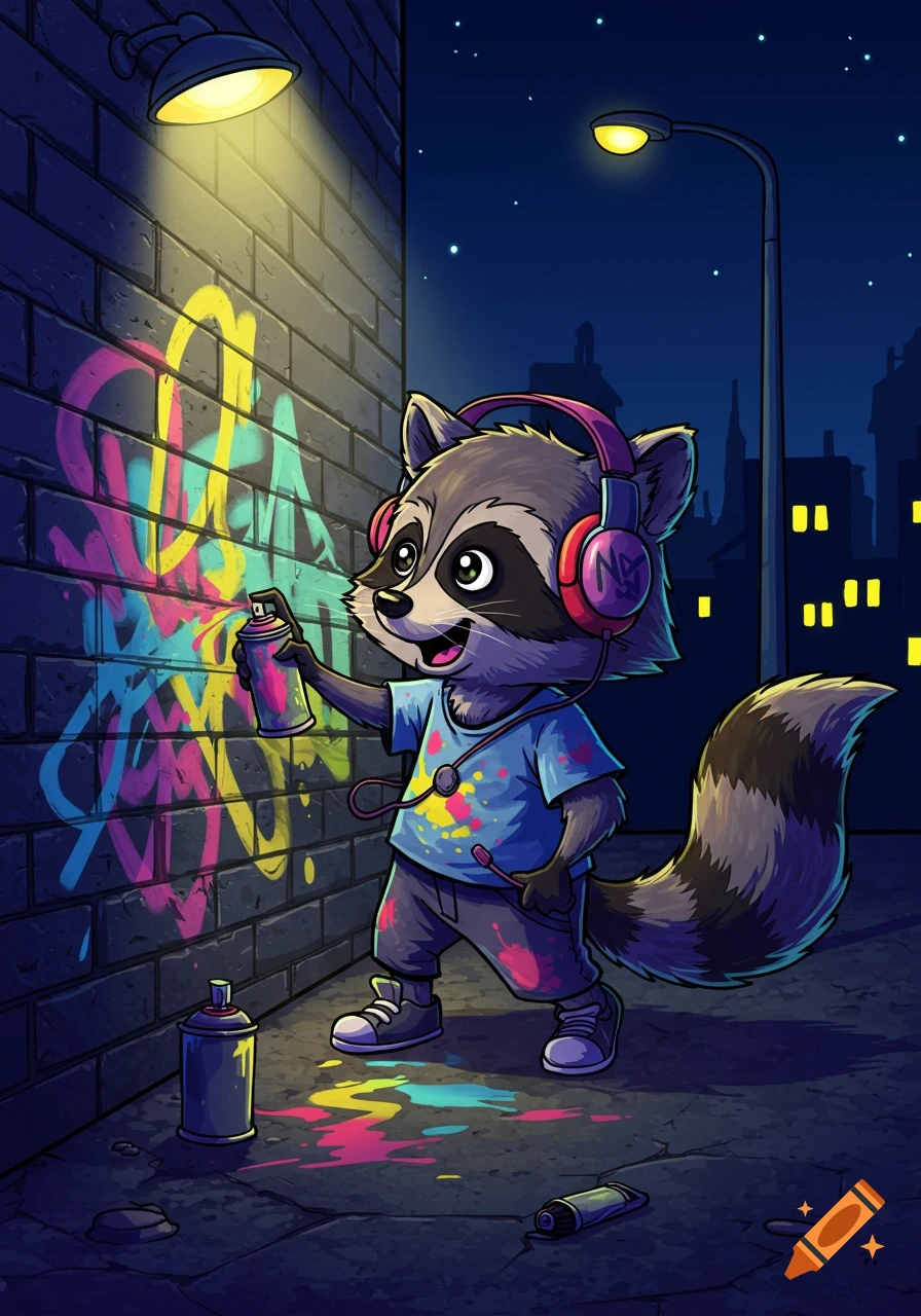A cartoon raccoon wearing headphones sprays colorful graffiti on a brick wall at night, illuminated by a streetlamp.