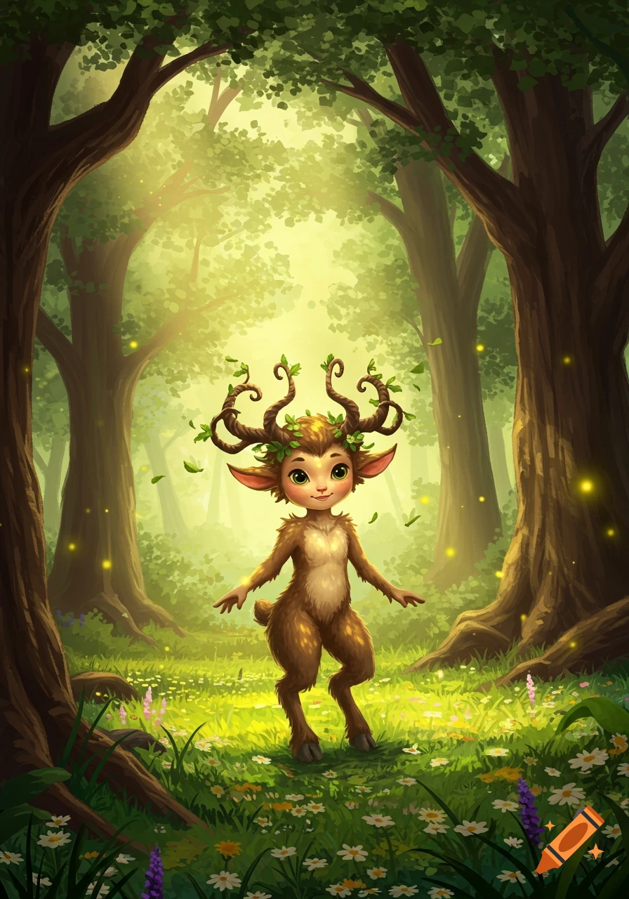 A cute, young faun with leafy antlers stands in a sunlit, flower-filled forest, illustrated.