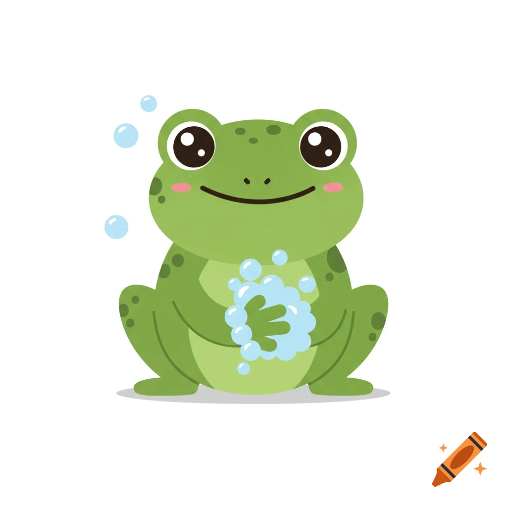 A cute cartoon green frog with pink cheeks washing its hands with blue soap bubbles.